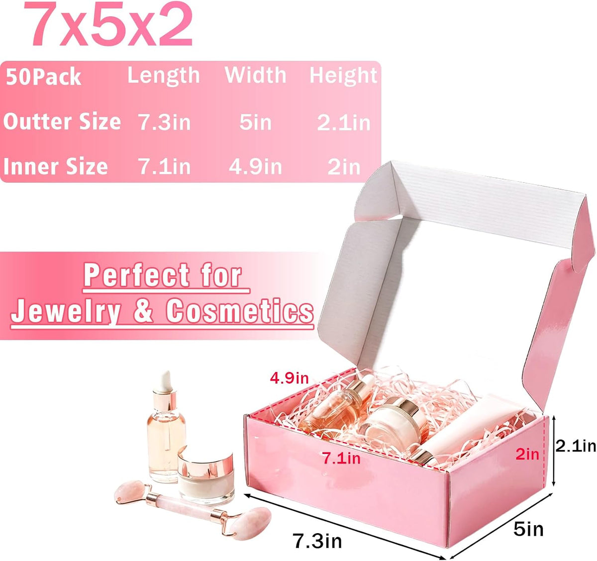 7"x5"x2" Glossy Pink Shipping Boxes, 50 Pack Corrugated Cardboard Mailing Boxes for Small Business Packaging