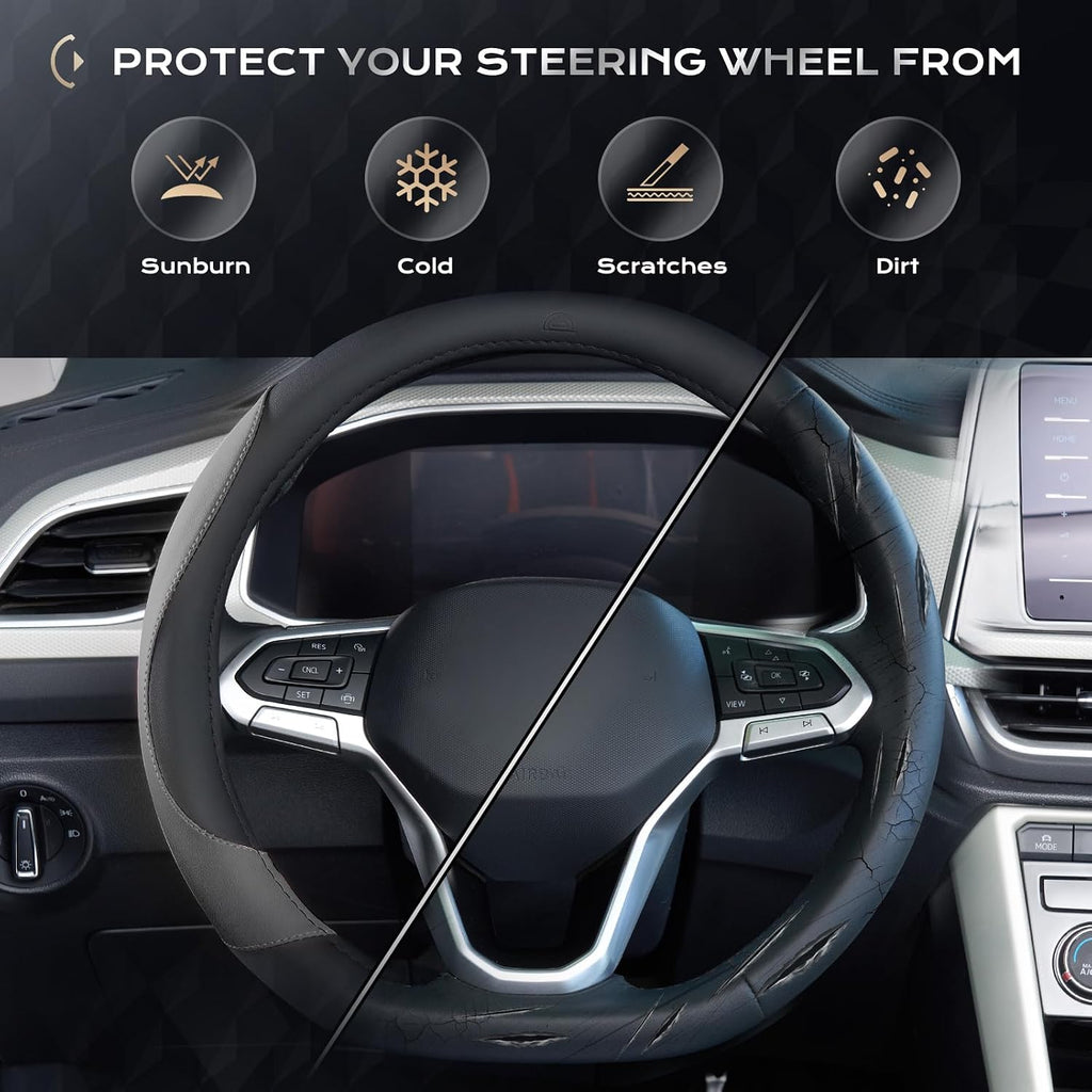 Car Steering Wheel Cover, Nappa Leather Black & Gray Steering Wheel Covers, Universal 14-15 inch, Anti-Slip