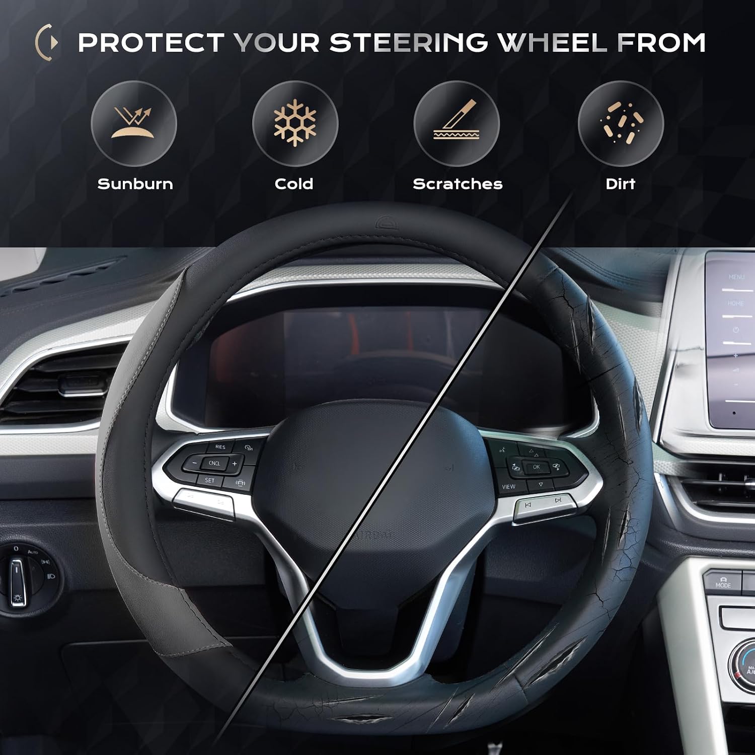 Car Steering Wheel Cover, Nappa Leather Black & Gray Steering Wheel Covers, Universal 14-15 inch, Anti-Slip