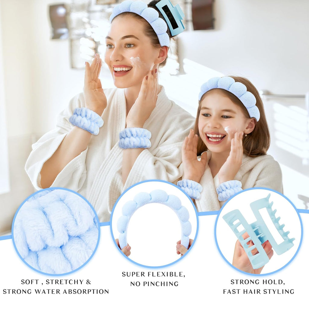 Spa Headband And Wristband Set Skincare Headband For Washing Face Hair Claw Clips For Thick Hair Cute Blue Puffy