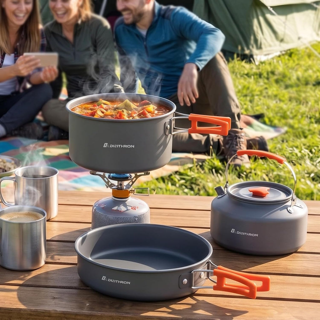 18-Piece Large Capacity Camping Cookware Set Aluminum Mess Kit | 2.8L main cooking pot 1.6L hot-water kettle 1.3L
