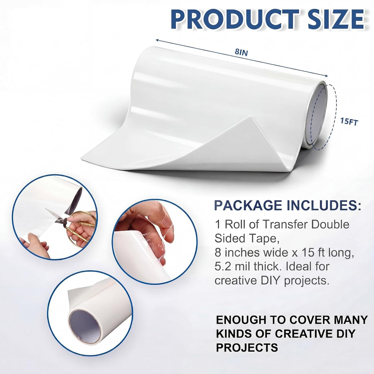 1 Roll 8" Width x 15 ft Length 468 Double Sided Adhesive Transfer Tape Sheet Roll for Bonding and Laminating