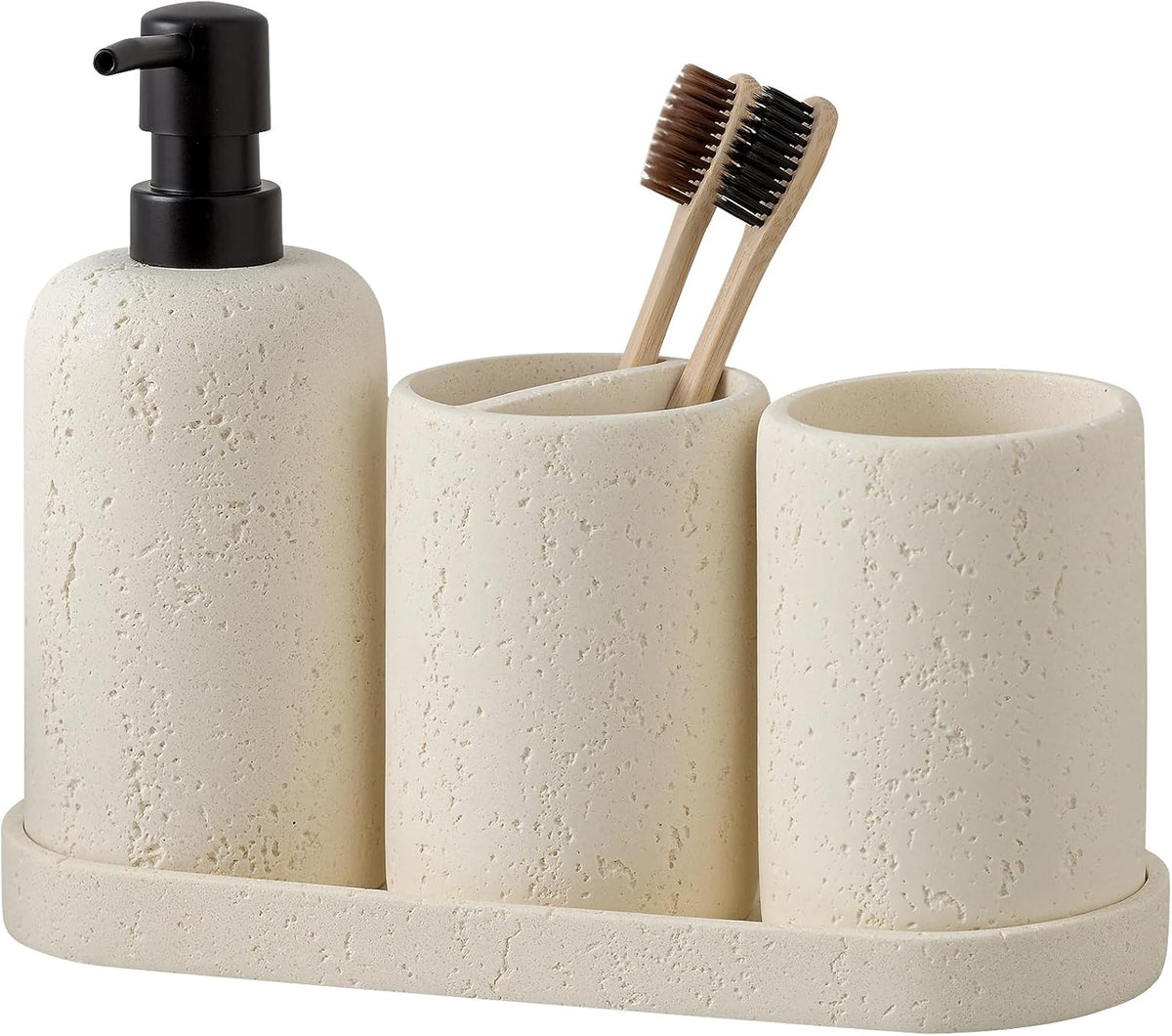 Bathroom Accessories Set,4 PCS Travertine Stone Look Collection,Cream | Modern Bath Organizer with 13.53 OZ Soap