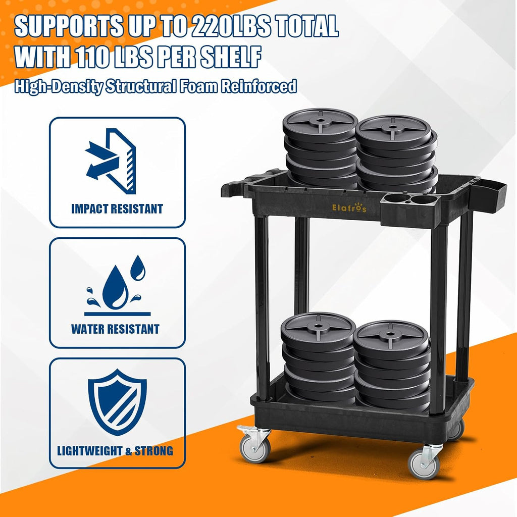2-Shelf Heavy Duty Plastic Rolling Utility Cart, 28x19 in, 330 lbs