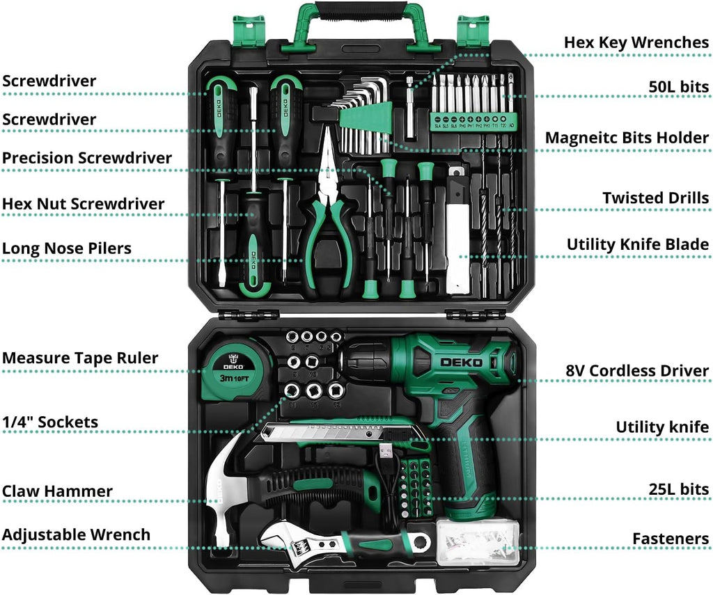 Tool Kit: 8V Cordless Drill, Home Toolbox with storage case, Hand Tool set for Home Repairs 126 Piece, Green