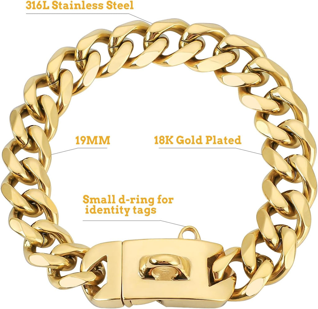 19mm Gold Chain Dog Collar,Luxurious Cuban Link Dog Collar