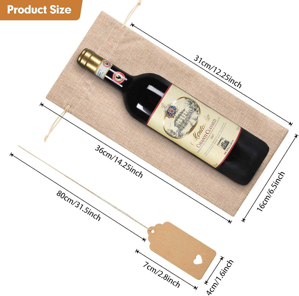 12Pcs Premium Burlap Wine Bags and 12Pcs Gift Tags, Reusable Wine Gift Bags with Drawstrings, Wine Bottle Bags, Wine