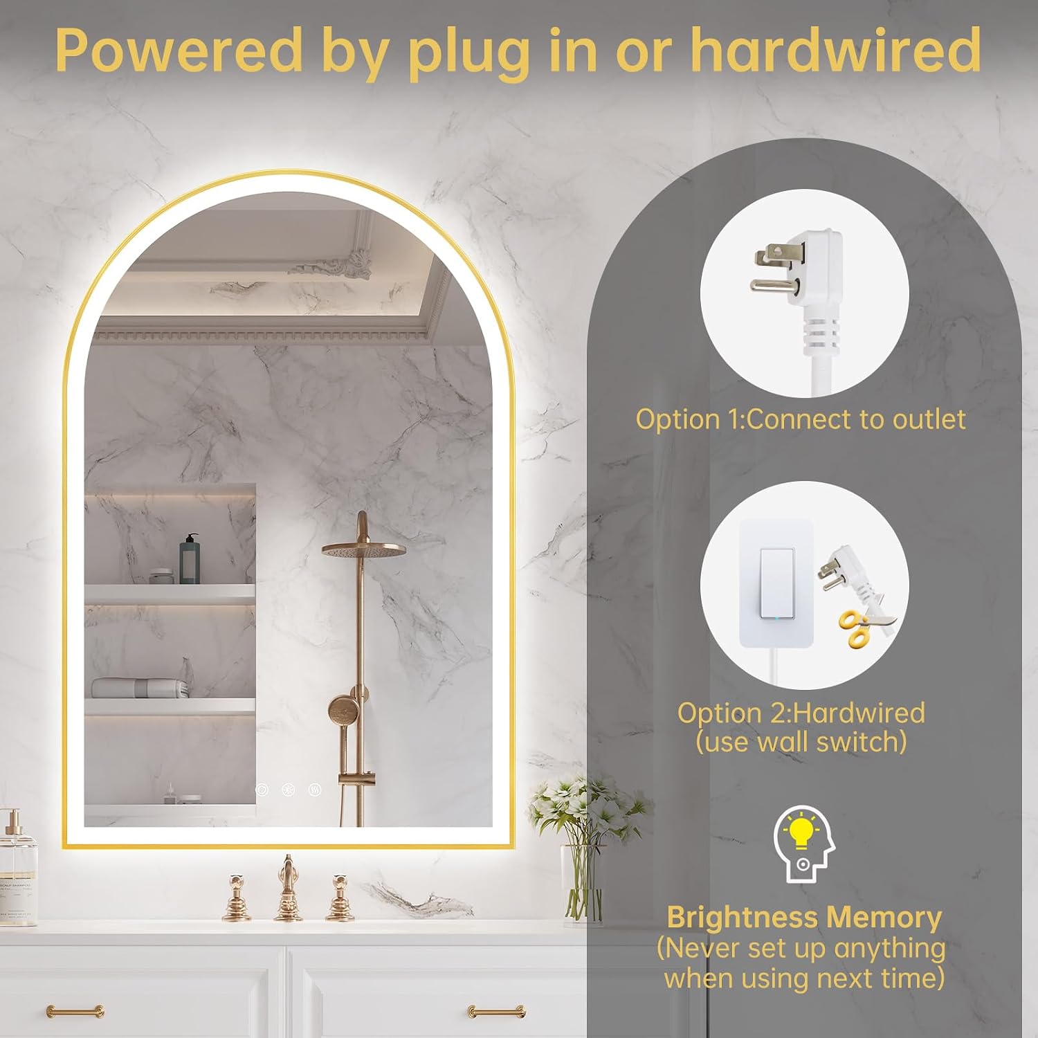 24"x36" Arched LED Lighted Bathroom Mirror with Lights | Gold Aluminum Frame, Fogless, Dimmable, Shatterproof, Touch