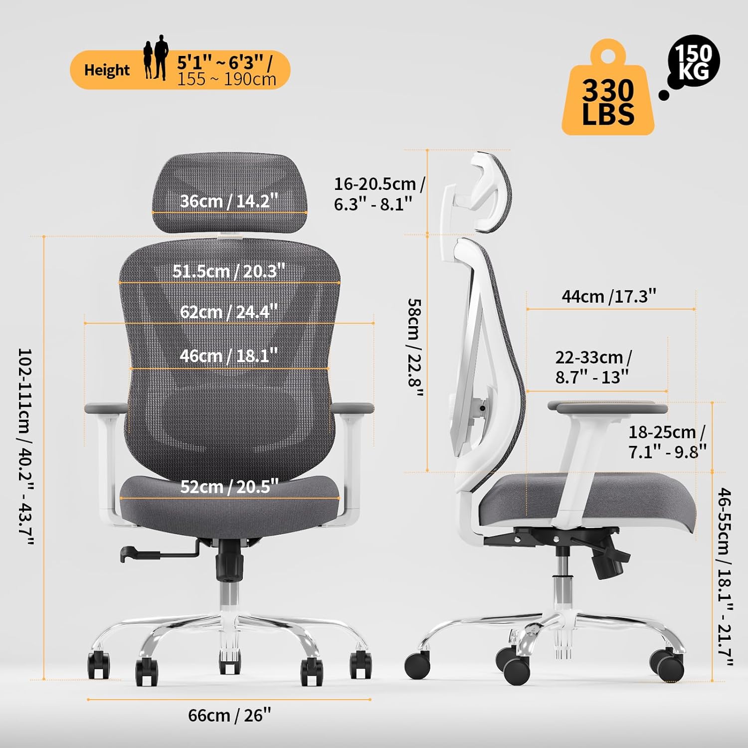 Ergonomic Mesh Office Chair - 3D Adjustable Lumbar Support & 3D Armrests, V-Shaped Back, Adjustable Desk Chair for