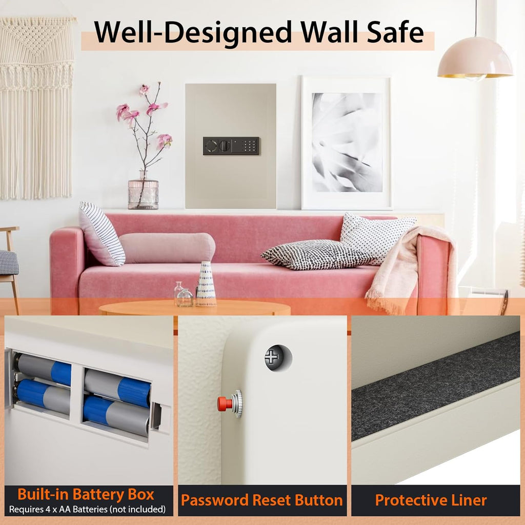 Electronic Wall Hidden Safe Security Box, Built-In Wall Electronic Flat Security Safety Cabinet (White)