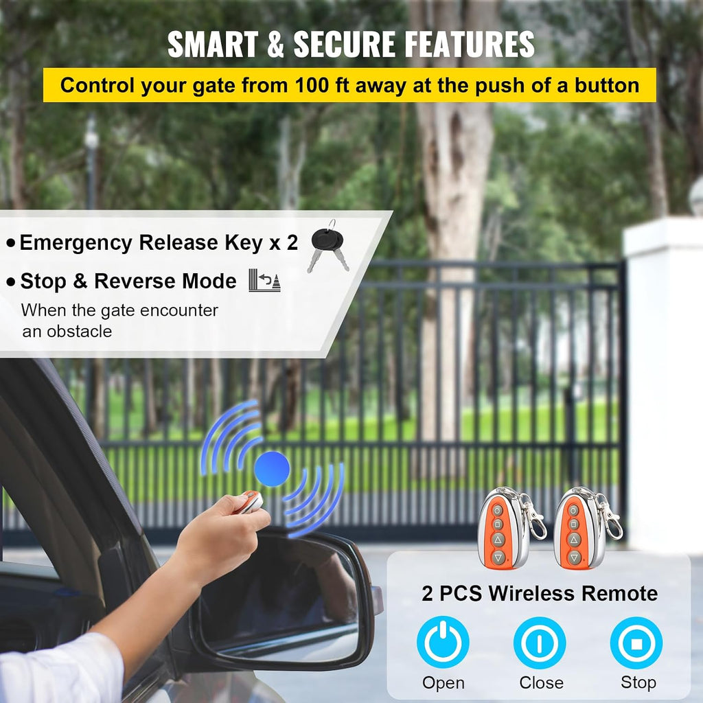 Vevor Automatic Sliding Gate Opener 1400LBS with 2 Remote Controls, Gate Operator Hardware Kit for Security, Move