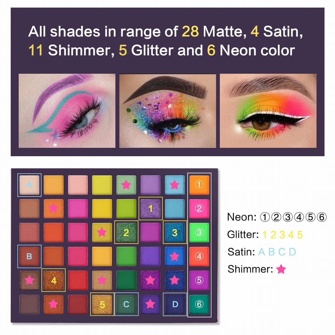 EXOTIC FLAVORS Neon Eyeshadow Makeup Palette - 48 Colorful High Pigmented - Rainbow Matte Shimmer Glitter Eye Shadow