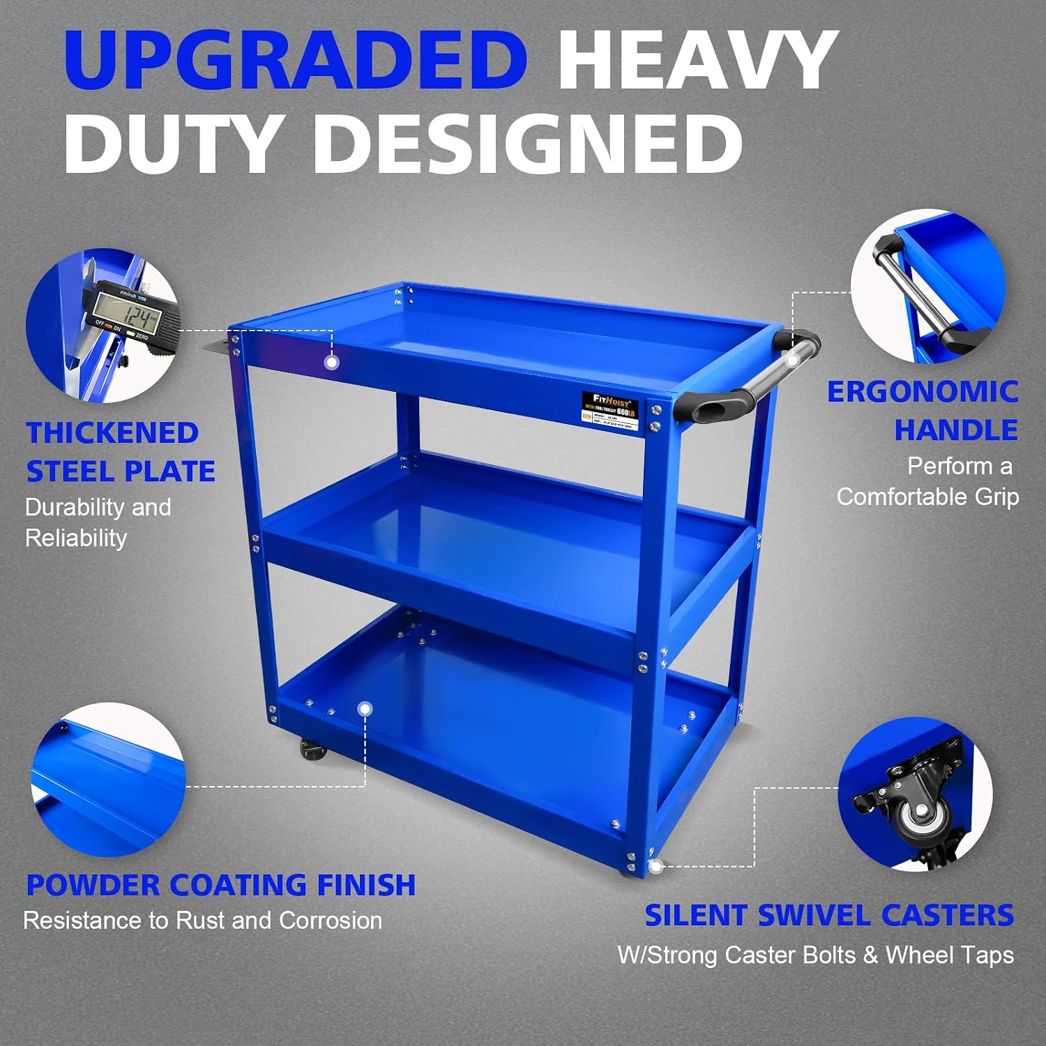 3-Tier Rolling Tool Cart, Thickened 440LBS Metal Mechanic Tool Cart on Wheels, Heavy Duty Rolling Carts with Wheels