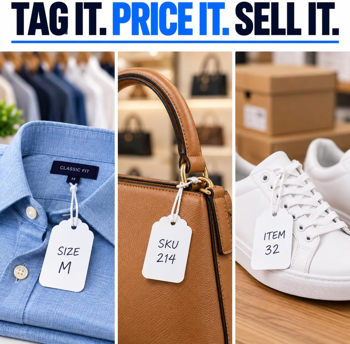 Price Tags with String Attached, 1000 White Tags, 1.75 x 1.09 in