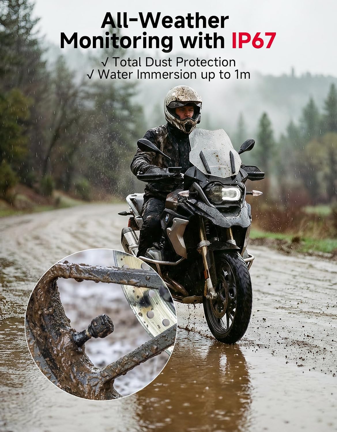 Motorcycle TPMS 2-Pack, Tire Monitor Sensor - Wireless 5.2 Stable | IP67 Waterproof Dustproof, Long Battery Life