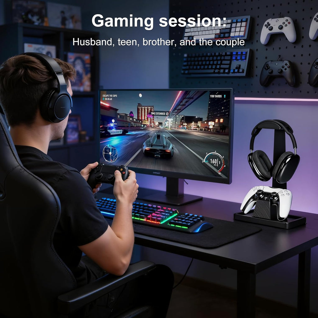 Solid Wood Headphone Stand with Controller Holder for Desk | Natural Solid Wood, Holds 1 Headset & 1 Controller