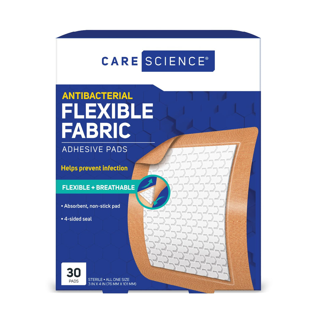 Fabric Adhesive Pad Bandages, Extra Large, 3in x 4in, 30 Count