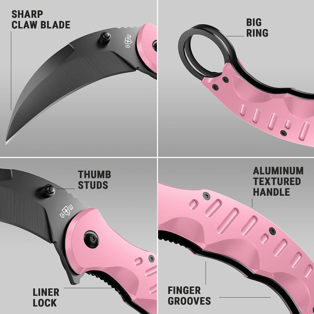 Pink Karambit Folding Knife - SharpTiger Claw Blade with Liner Lock and Aluminum Handle - Best Pocket Knives for