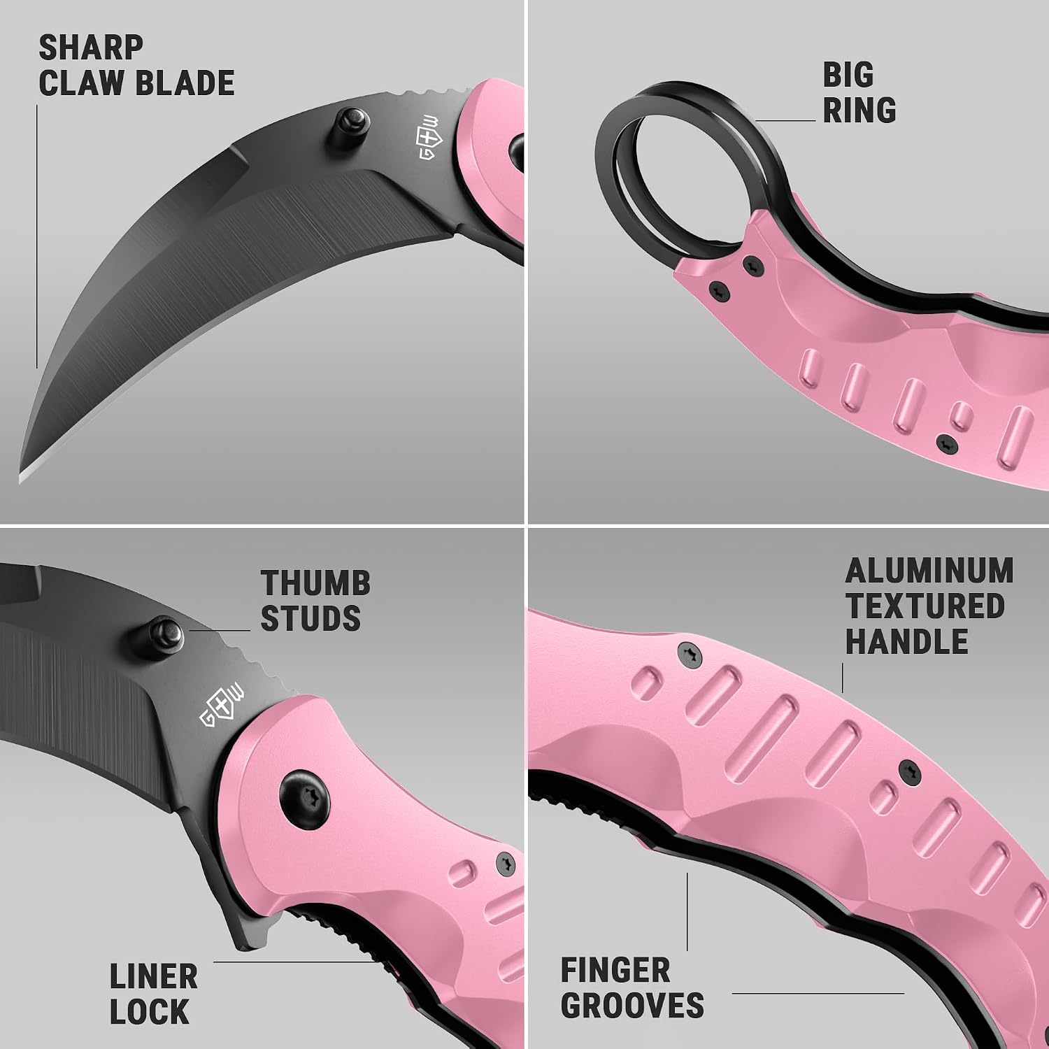 Pink Karambit Folding Knife - SharpTiger Claw Blade with Liner Lock and Aluminum Handle - Best Pocket Knives for