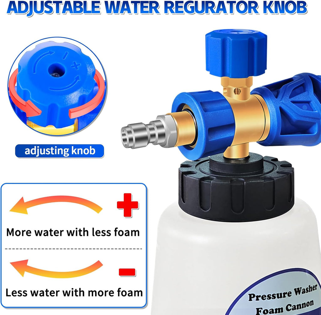 Pressure Washer Foam Cannon with Dual Connector, 1L Thick Snow Foam Blaster, Adjustable Foam Sprayer with 1/4" Quick