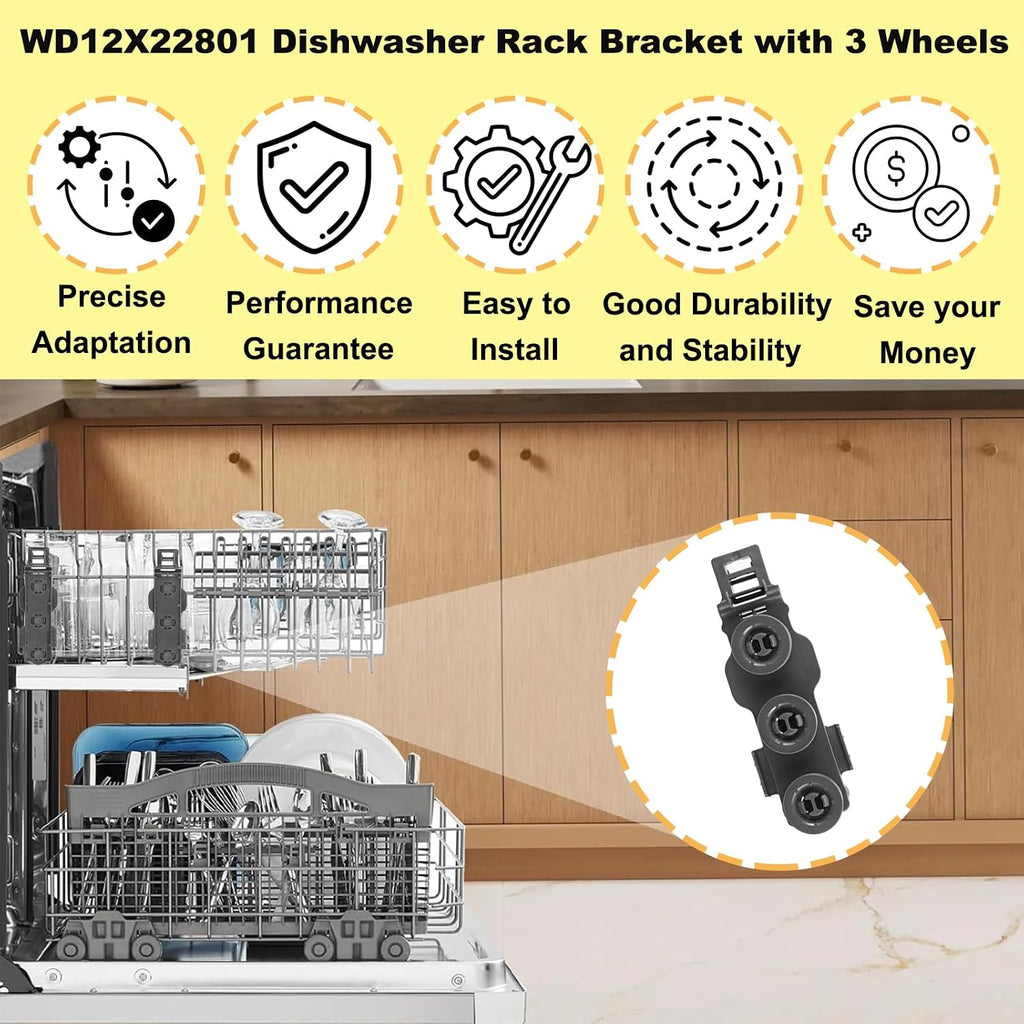 WD12X22801 Dishwasher Rack Bracket with 3 Wheels for GE Haier Dishwasher Roller Wheels - Replace AP6032529 4466609 PS11762946 WD12X10448 WD12X22599 (2 PACK）