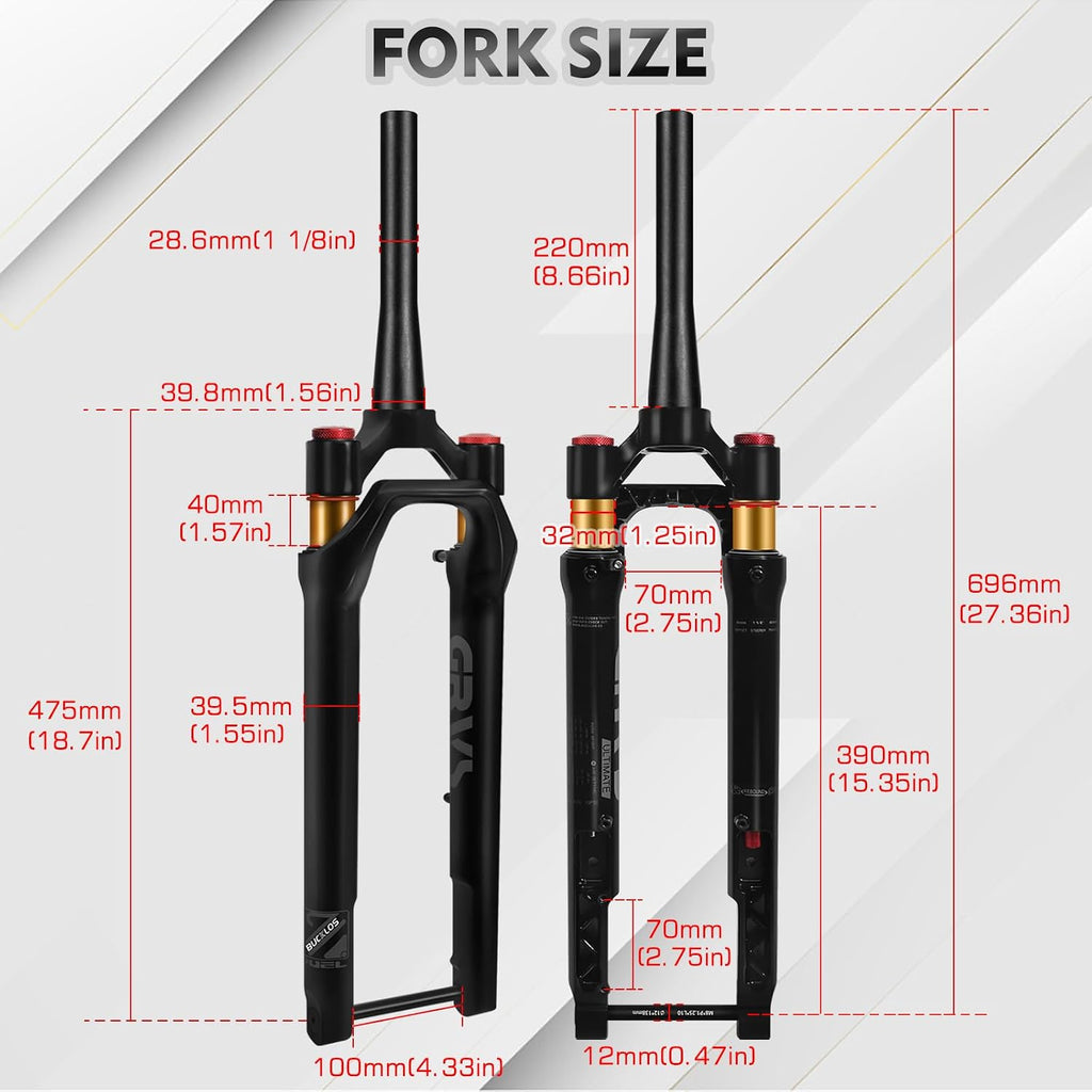 GRVS 1 1/8 700C Gravel Road Bike Air Suspension Fork 40mm Travel | 28.6mm Threadless Tapered Tube, 100 * 12mm Thru