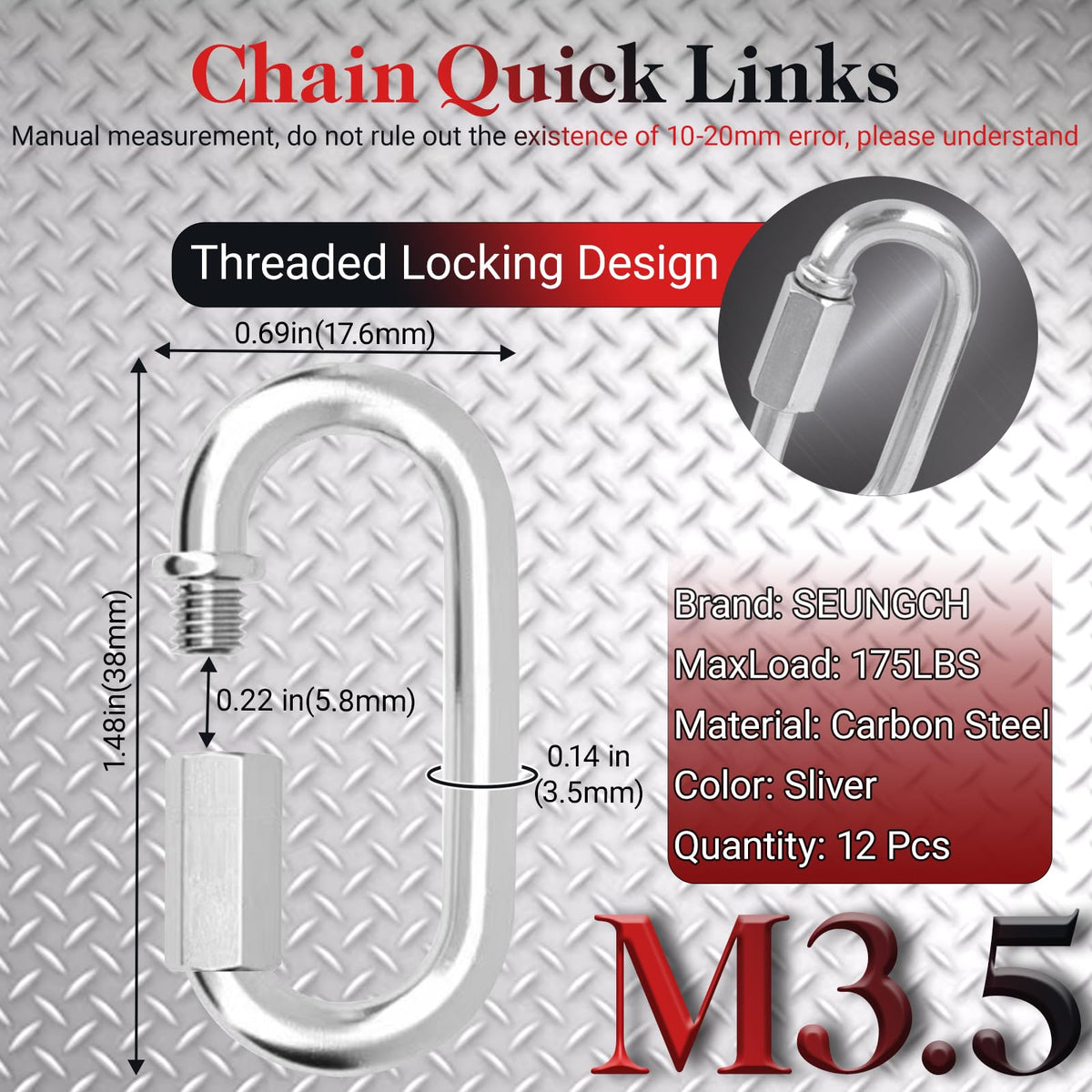 1.48IN Quick Link,Heavy Duty Locking Carabiner (12PCS,Silver)