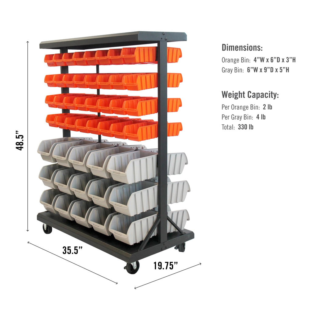 7-Tier Dual-Sided Rolling Storage Bin Rack & Parts Organizer, Black