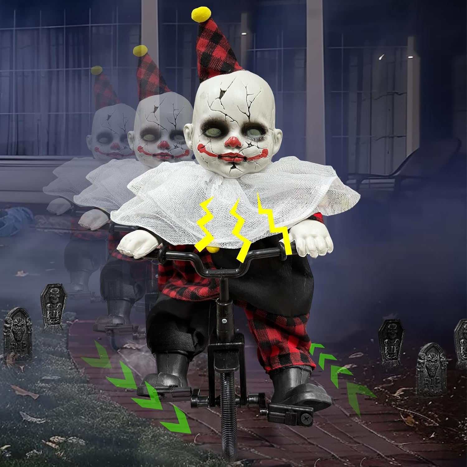 [Moving Back and Forth] Halloween Animatronic 15.5” Clown Ride on Bicycle, Sound Activated Spooky Talking Halloween