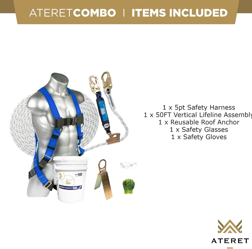 Fall Protection Roofing Bucket Kit I Full-Body Harness, 50' Vertical Rope & Anchor Set I Safety Harness Kit