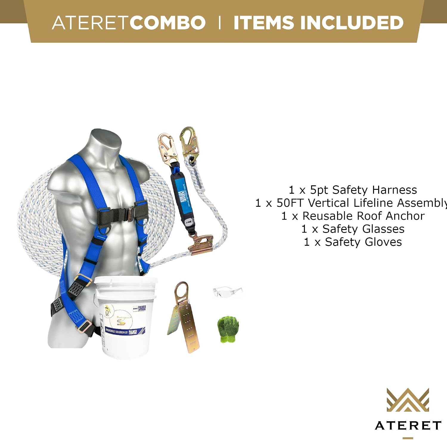 Fall Protection Roofing Bucket Kit I Full-Body Harness, 50' Vertical Rope & Anchor Set I Safety Harness Kit