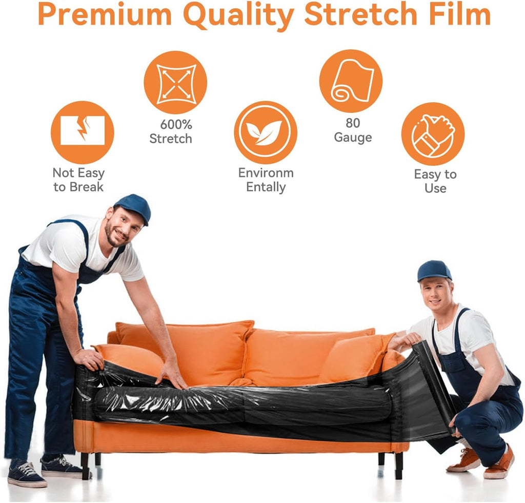 Black Plastic Stretch/Shrink Wrap Roll 18" x 1500' 4 Rolls | Plastic Wrap for Moving, Heavy Duty 80 Gauge, 600%