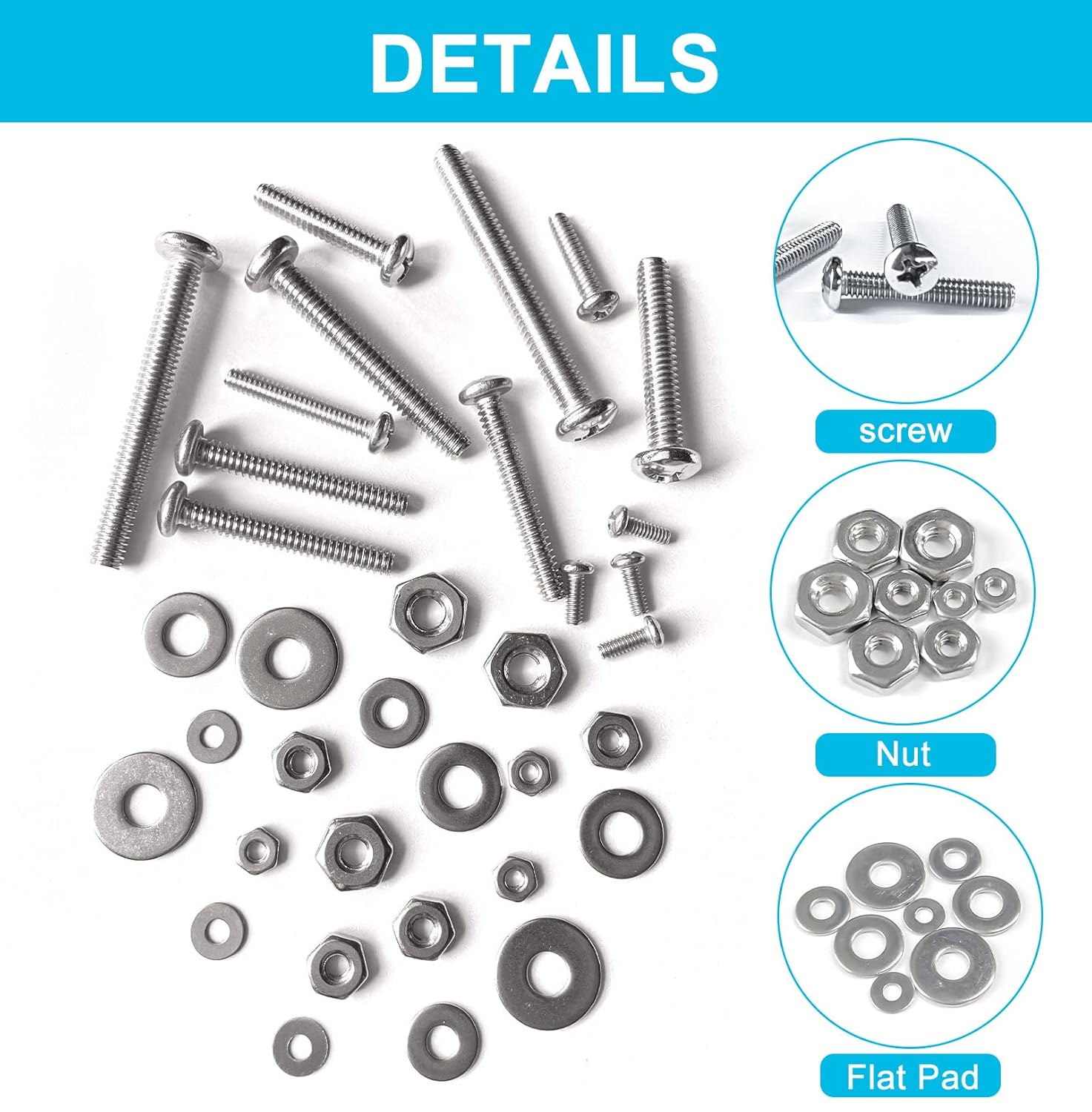 750PCS #2-56#4-40#6-32#8-32 Phillips Pan Head Screws Bolt Nut Flat Washers 304 Stainless Steel Machine Screws Nuts
