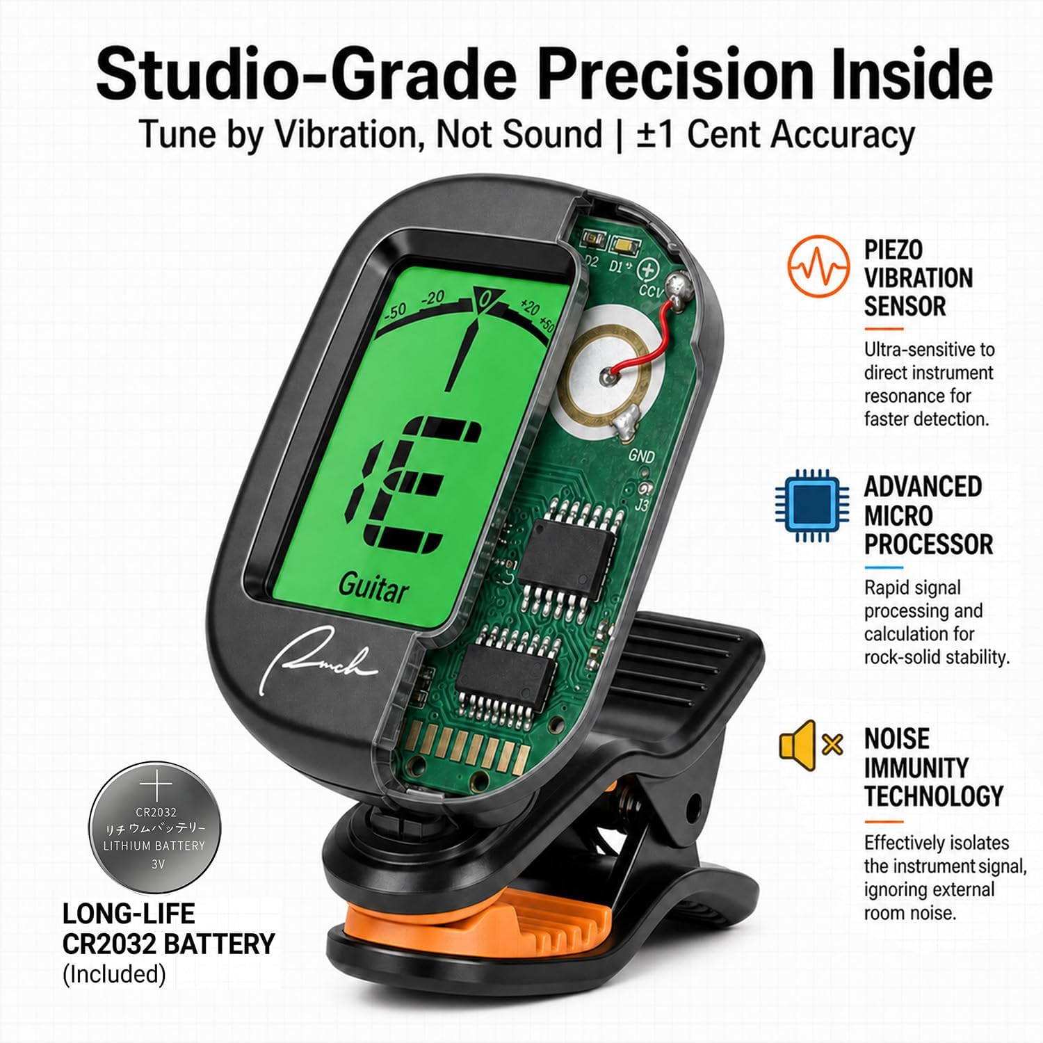 Clip-On Tuner for Guitar Bass Ukulele Violin Banjo - Chromatic | Vibration-Based Noise Immunity, 360° Rotatable