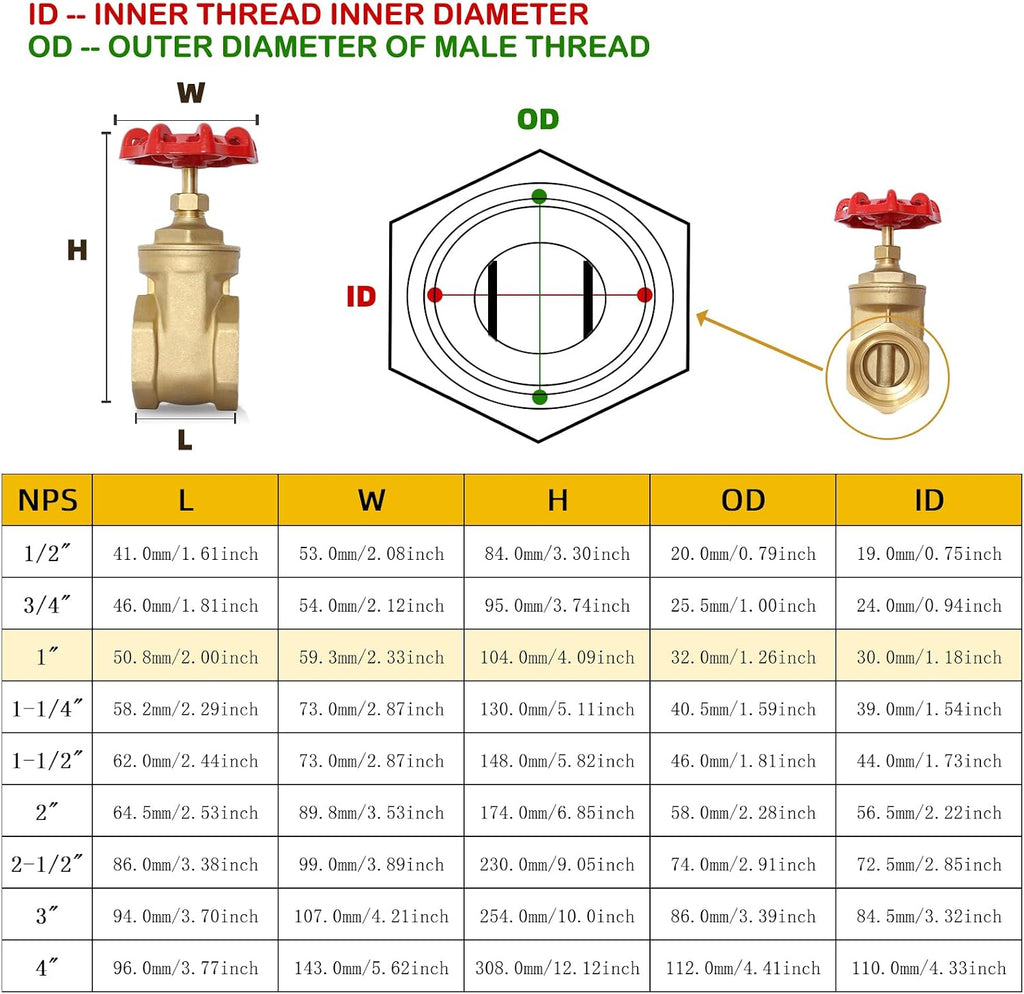 1" NPT Gate Valve, Heavy Duty, Brass, Female x Female Thread, DN25