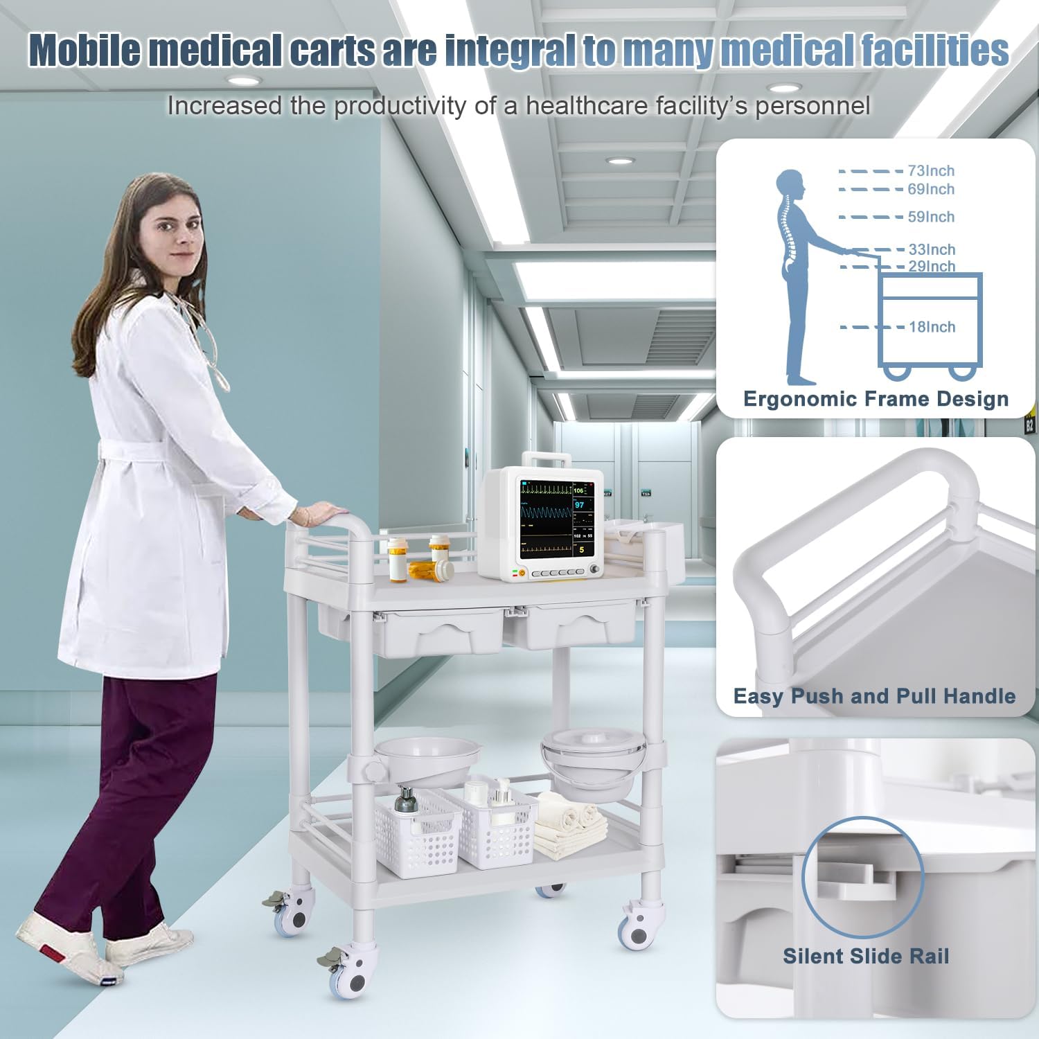 Medical Carts with Wheels 2 Tier Mobile Esthetician Cart 220 LBS Load Hospital Trolley Cart for Ultrasound Scanner