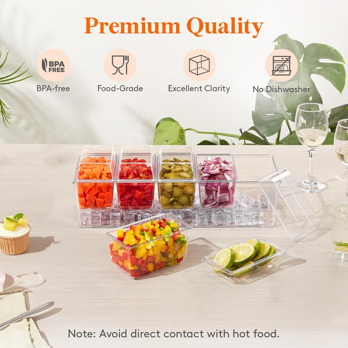 Chilled Condiment Caddy with 5 Individual Lids, Ice Garnish Tray