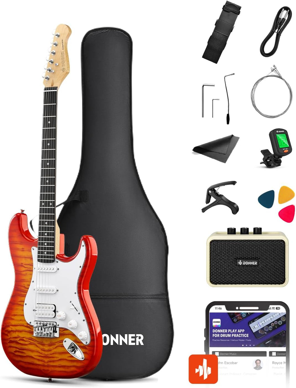 DST-90 Electric Guitar, 39" Full Size Beginner Electric Guitar Kit with Amp, HSS Pickup, Gig Bag, Tuner, Capo, Strap