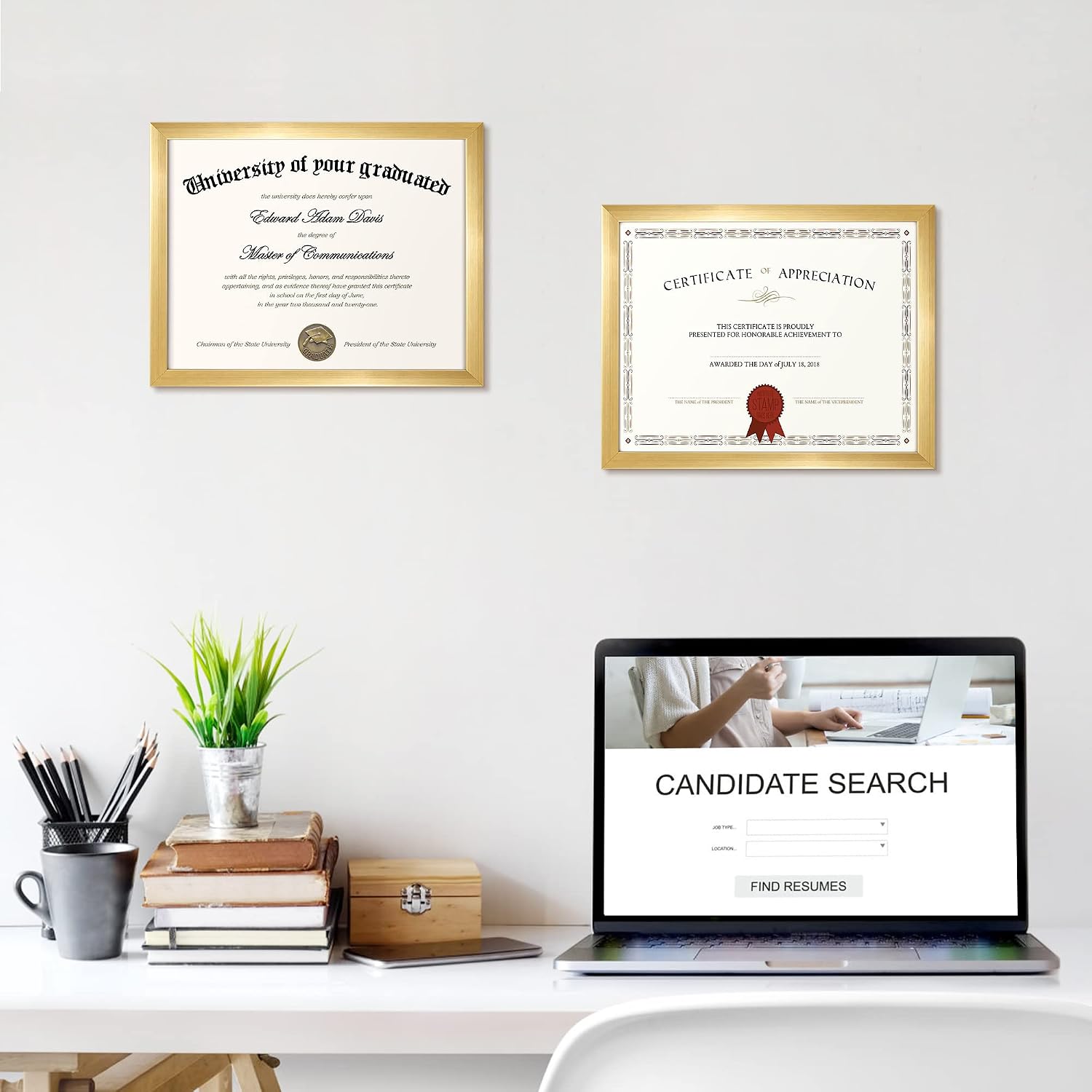 Certificate Frame, 8.5 by 11 Glass Diploma Frames, 5 Pack, Gold | Displays 8.5x11 Document and Degree, Graduation