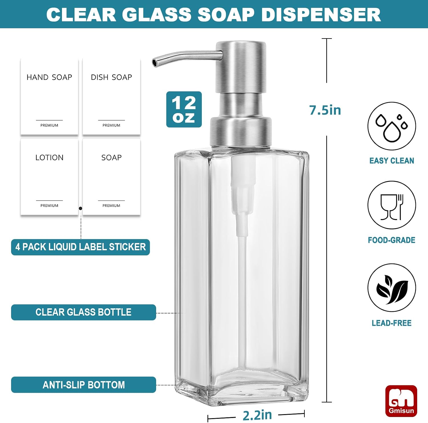Glass Soap Dispenser with Stainless Steel Pump, Clear Hand Soap Dispenser for Bathroom, 12 fl oz/350ml Hand and Dish