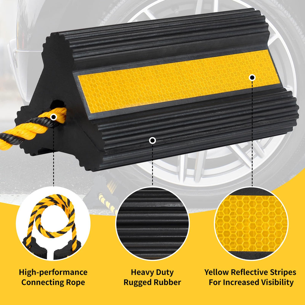 Heavy Duty Rubber Wheel Chocks with Rope & Reflective Strips