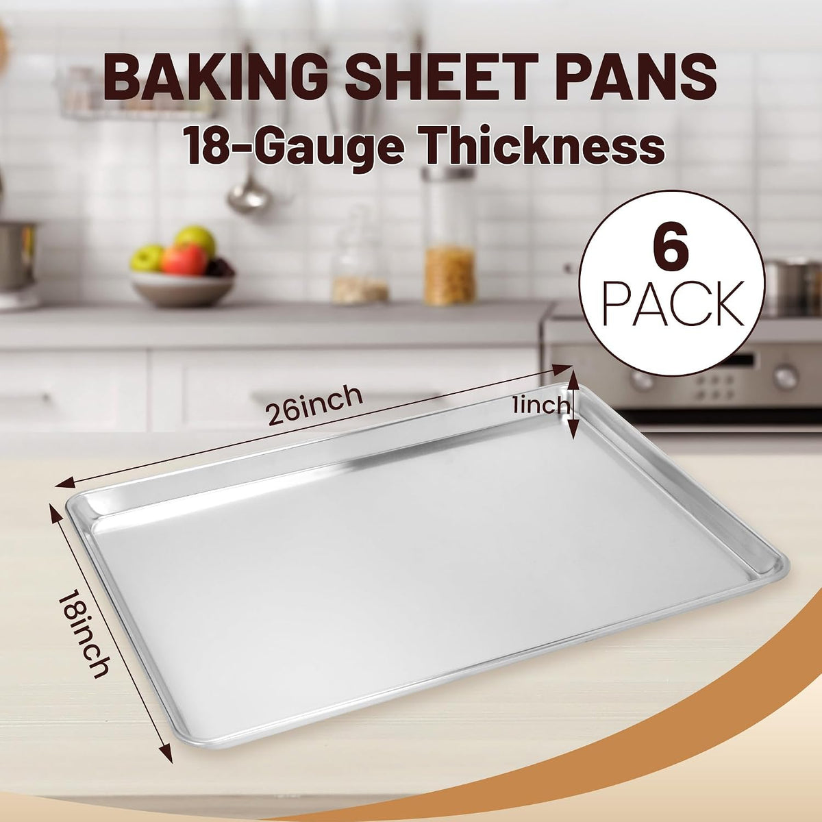 6 Pack 26" x 18" Full Size Baking Sheet Pan, Aluminum Commercial Pan