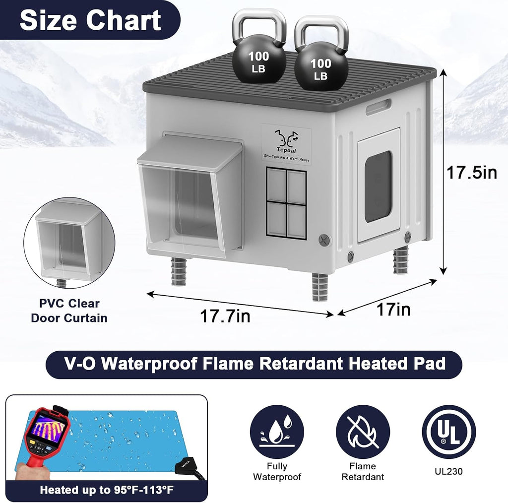 17.7"x17"x17.5" Indestructible Heated Cat House for Outside Winter, Weatherproof Outside Cats Shelter with Safety