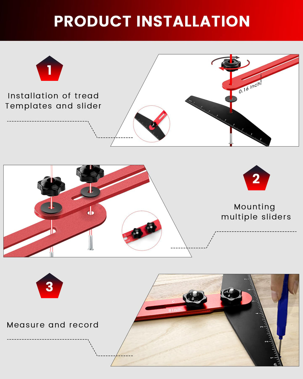 Stair Tread Template Tool, 8" to 60"Jig, Adjustable for Measuring