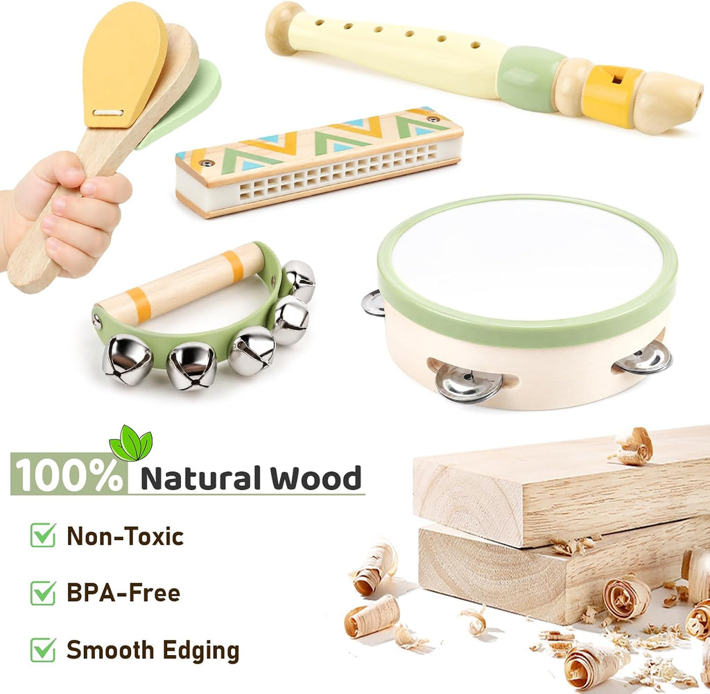 Kids Guitar Set - 8 in 1 Toddler Montessori Musical Instruments | Wooden Baby Ukulele Xylophone Tambourine Maracas