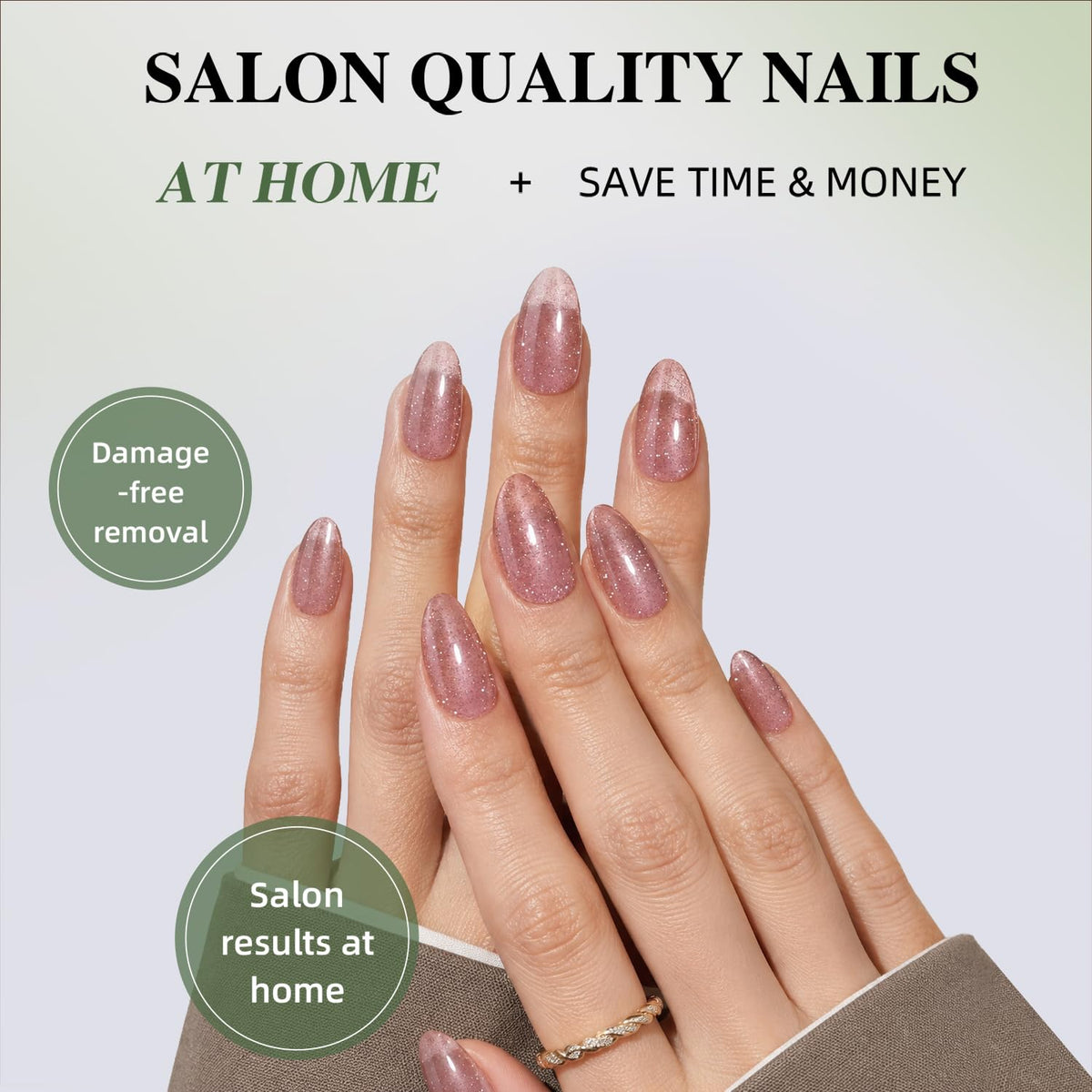 Press On Nails Almond - Nude Pink Nails Glitter Fake Nails