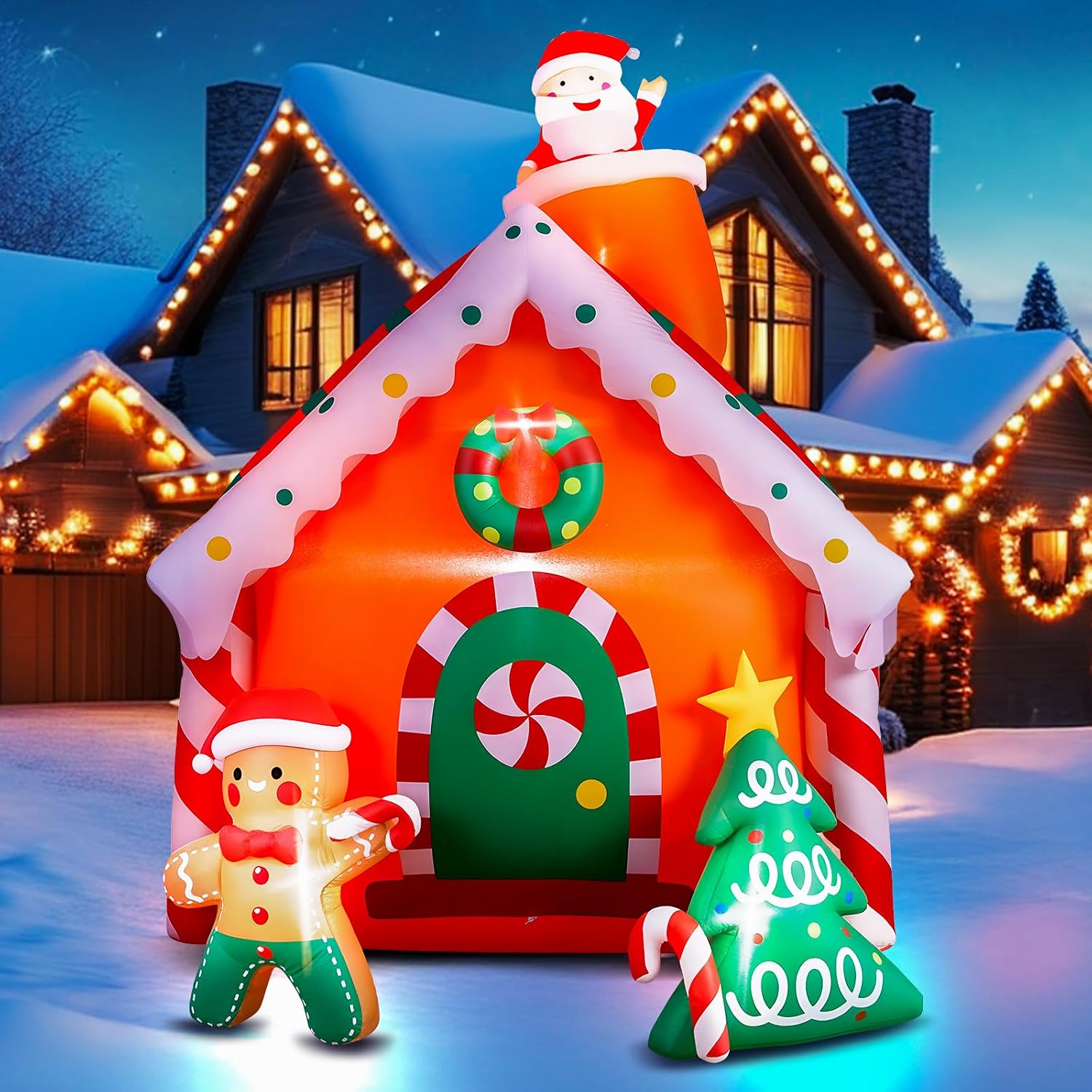 7.5 FT Tall Christmas Inflatables Gingerbread House Built-in LED Lights Blow Up Christmas Decor for Xmas Party