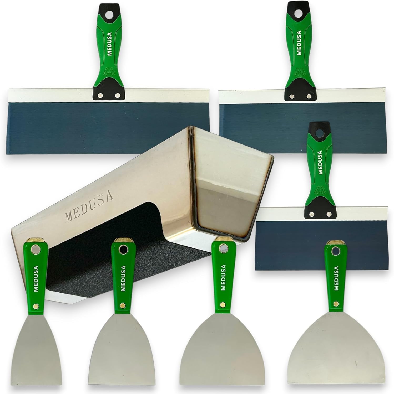 's Carbon and Blue Steel Drywall Taping Knife set with S.S. 12" Mud Pan And Grip: Classic Style Light Handles with