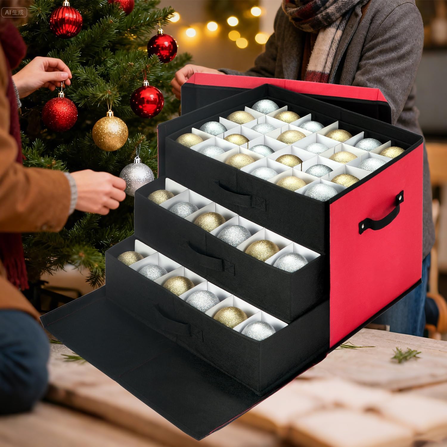 Christmas Ornament Storage Box with Adjustable Dividers, Large Holiday Ornaments Storage Container Bin with Lid for