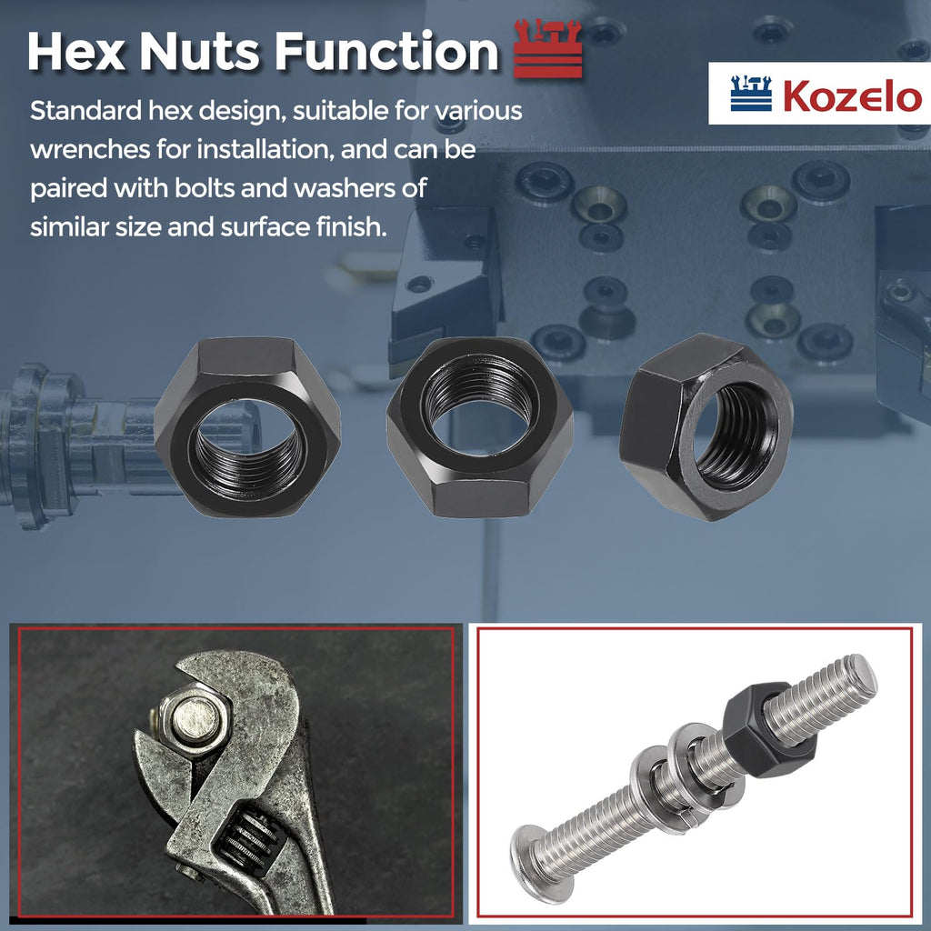 Kozelo 20pcs Hex Nuts 3/8"-24 Carbon Steel Fine Thread Black